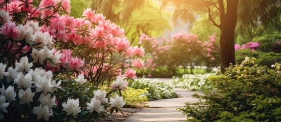 In the lush garden, amidst the vibrant green foliage, a colorful array of pink and white flowers bloomed, their delicate petals adding an enchanting beauty to the springtime scenery.