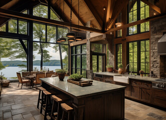 Fototapeta na wymiar American lake cabin luxury kitchen home room