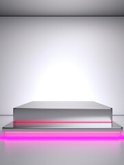 Silver Pedestal of platform display with neon modern stand podium on white room background. Blank Exhibition stage backdrop or empty product shelf, copy space, generative ai