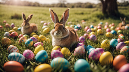 Fototapeta na wymiar Spring Whispers: Rabbits and the Rainbow of Eggs
