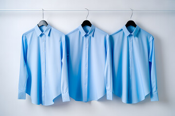 Men's shirts, blue theme, hung on the front wall.