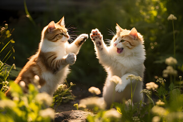 Cats fighting each other, paws jumping, outdoor environment
