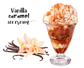 Watercolor illustration of vanilla caramel ice cream dessert close up. Design template for packaging, menu, postcards.  PNG