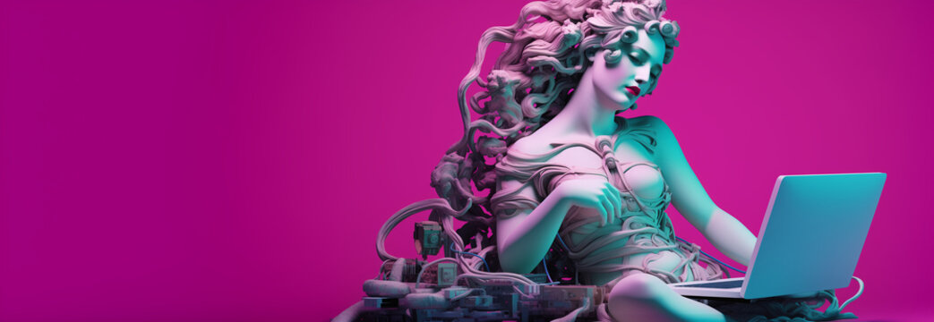 A statue of a woman at a computer with snake-like cords on her head.  Medusa, a monster with a terrifying serpent-haired head, which also represents star Algol. Astrology, a fixed star. Empty space