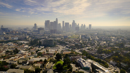 Fototapeta premium Downtown Los Angeles in the mist - aerial view - Los Angeles Drone footage - aerial photography