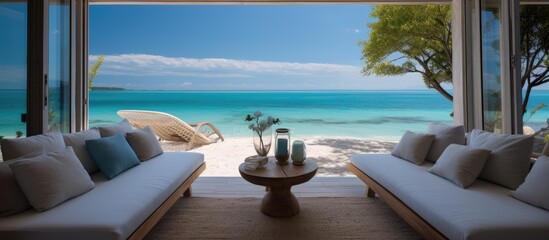 While vacationing in a picturesque beach house during the warm summer months, people immerse themselves in nature's beauty as they admire the crystal blue sea and sky, feeling the warmth of the sand