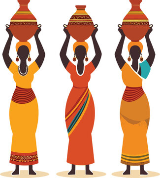 Set Of African Woman Carrying Water Jug On Their Head Silhouette Vector