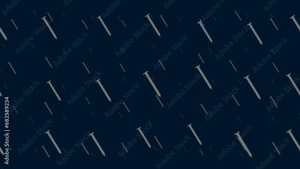 Poster metal nail symbols float horizontally from left to right. parallax fly effect. floating symbols are 