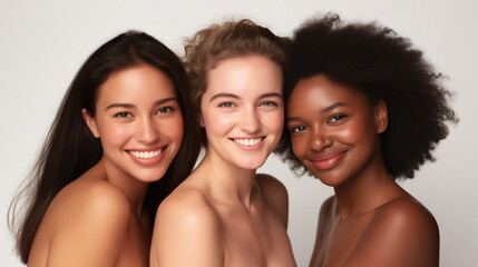 Portrait of joyful young multiracial women standing together