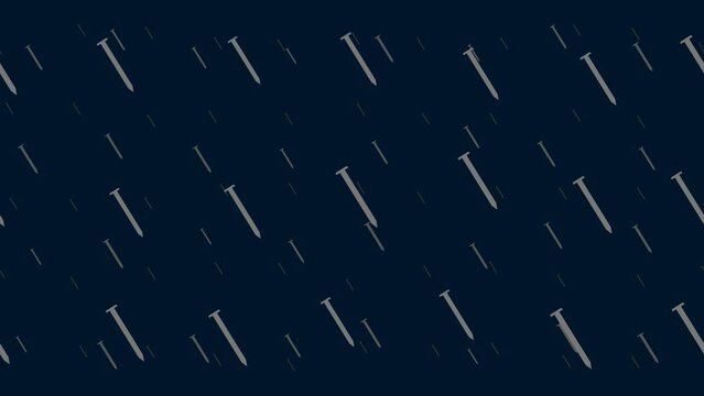 Metal nail symbols float horizontally from left to right. Parallax fly effect. Floating symbols are located randomly. Seamless looped 4k animation on dark blue background
