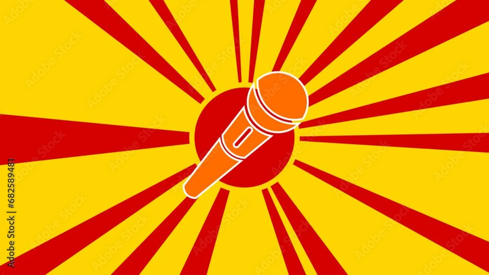 Poster microphone symbol on the background of animation from moving rays of the sun. large orange symbol in