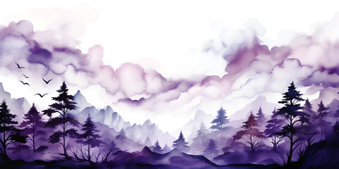 Purple forest and mountains landscape clouds transparent texture - obrazy, fototapety, plakaty