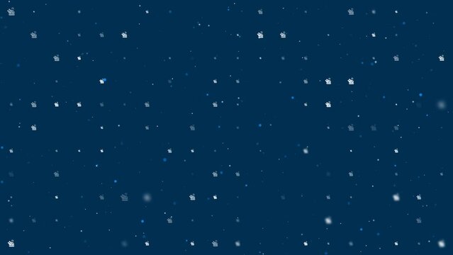 Template animation of evenly spaced roasted turkeys of different sizes and opacity. Animation of transparency and size. Seamless looped 4k animation on dark blue background with stars
