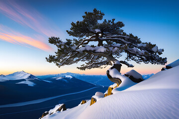 A photo of a tree that has survived for a thousand years, standing alone on a snow-covered mountain.
Generative AI