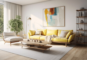 モダンなスカンジナビア風アパートのインテリアデザイン、リビングルームの3Dレンダリング,The interior design of a contemporary Scandinavian apartment, depicted through a 3D rendering of the living room,Generative AI	