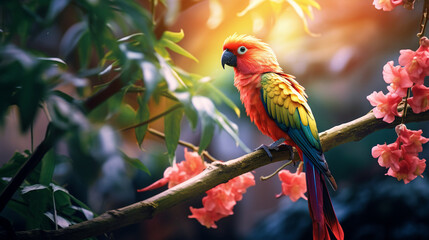 Colorful tropical bird sitting in a branch in the vibrant forest.