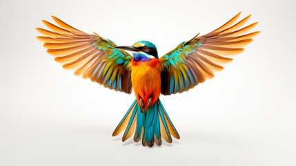 Colorful flying bird captured in color transparency against a white backdrop.