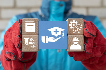 Industrial engineer holding colorful blocks sees icon: hand and graduation cap with plus. Concept...