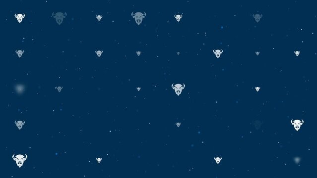 Template animation of evenly spaced buffalo logos of different sizes and opacity. Animation of transparency and size. Seamless looped 4k animation on dark blue background with stars