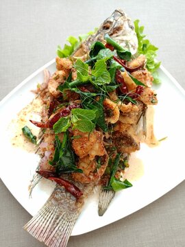 Deep fried ruby fish with Thai herbs