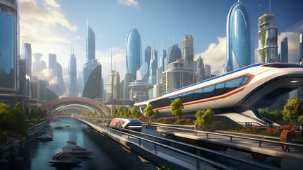 futuristic cityscape with advanced public transportation systems, such as high-speed trains or hyperloops, that connect different parts of the city 