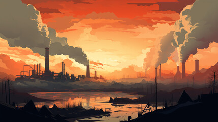 illustration of air pollution, featuring a smoky, hazy atmosphere with tall smokestacks and industrial buildings in the distance