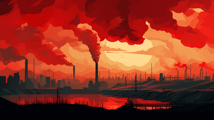 illustration of air pollution, featuring a smoky, hazy atmosphere with tall smokestacks and industrial buildings in the distance