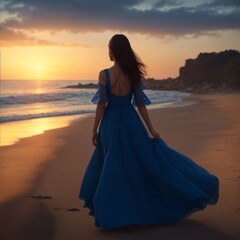 Fototapeta na wymiar beautiful woman in a blue dress walking along the beach Generative AI
