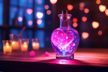 Obraz na płótnie Canvas Enchanting Love Elixir Bottle Rests on Wooden Table, Neon Glow, Generative AI