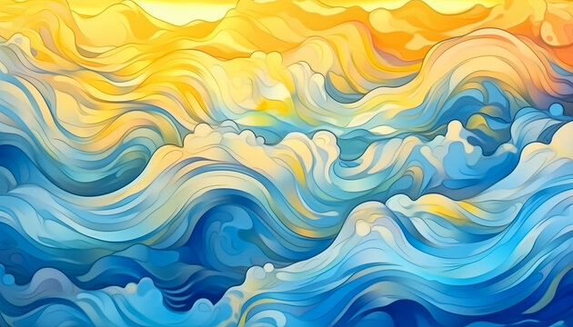 Sunny blue and yellow abstract cartoon ocean wave texture. Tropical ocean beach vacation,banner, sunset graphic resource as background for ocean wave graphics.