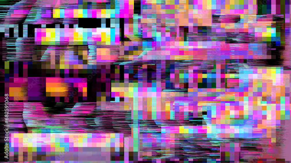 Poster abstract lo-fi glitched background with flickering pixel noise.