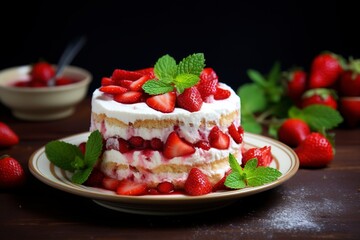 Photo delicious and sweet cake with strawberries and baiser on a plate , copy space, generative ai