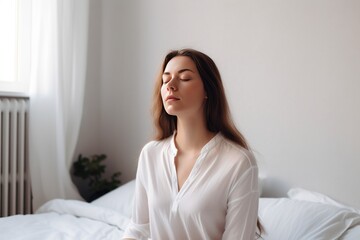 A woman basks in the gentle morning sunlight, either relaxing or meditating. Concept of meditation, stress relief, and relaxation as remedies for hectic and demanding days.  - obrazy, fototapety, plakaty