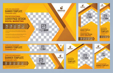 Set of Yellow and Black Web banners templates, Coverpage Standard sizes with space. Vector illustration