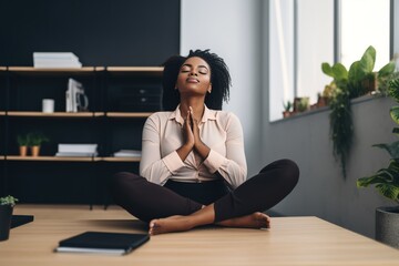 African ethnicity business woman doing yoga in the office sitting on her desk with folded legs and closed eyes