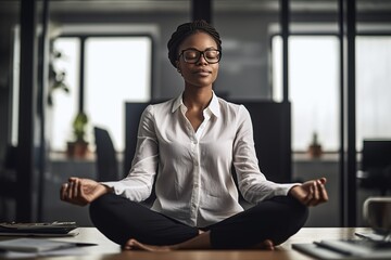 African ethnicity business woman doing yoga in the office sitting on her desk with folded legs and closed eyes - obrazy, fototapety, plakaty