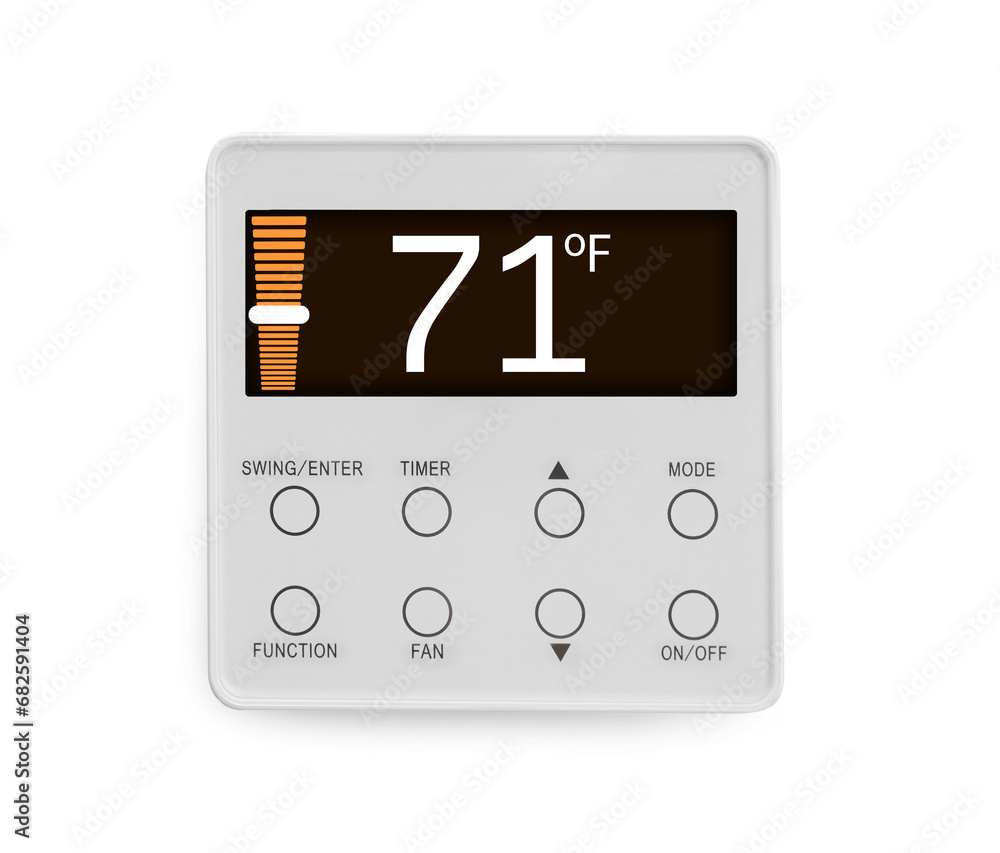 Poster thermostat displaying temperature in fahrenheit scale. smart home device on white background