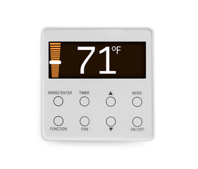 Thermostat displaying temperature in Fahrenheit scale. Smart home device on white background