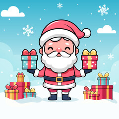Smiling Santa Claus holding Christmas gift boxes on blue sky background with snowflakes, clouds, presents lying around on the ground. Vector cartoon illustration.