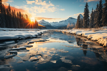 Blue winter background, frozen lake, brilliant sun rising over forests and mountains, sunlight reflecting on ice.