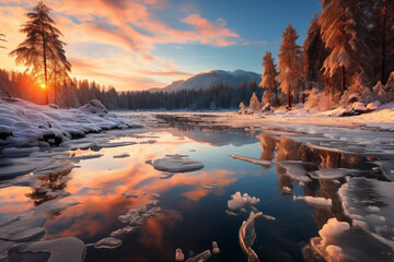 Blue winter background, frozen lake, brilliant sun rising over forests and mountains, sunlight reflecting on ice.