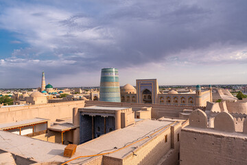 View over the skyline of the ancient city of Khiva at the sunset, Uzbekistan.
