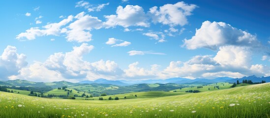 On a beautiful summer day, the blue sky stretched across the landscape, adorned with white clouds, creating a picturesque scene of nature's beauty. The sunlight painted the surroundings with a warm