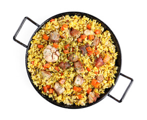Delicious pilaf with meat, carrot and garlic isolated on white, top view