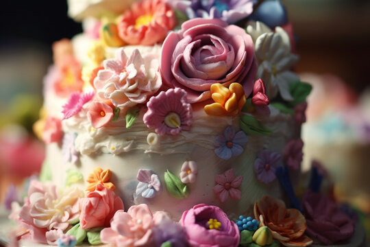 Beautiful, elegant birthday cake with flowers and candles. Generative AI.