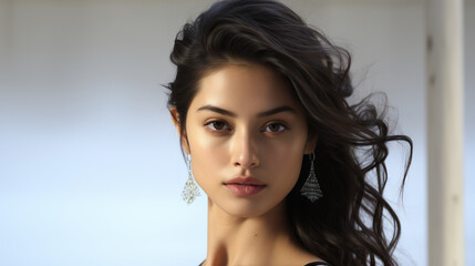 Asian super model woman posing on white background.  Concept of High Fashion Photography, Model Portfolio Shoot, Studio Fashion Posing, Chic and Elegant Fashion Presentation.