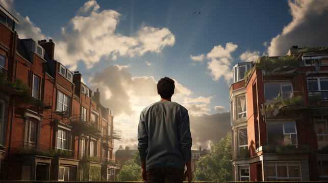 Man in the city looking at opportunity with sun rays in the sky. Concept of Urban Opportunity, Cityscape Ambition, Seizing Urban Potential, Aspirational Urban Perspective, Rays of Hope.