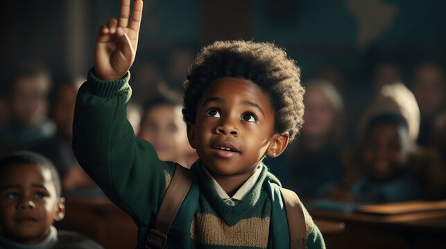 Young African American Boy Raising Hand In Classroom. Concept Of Student Engagement, Classroom Participation, Education Involvement, Learning Enthusiasm.