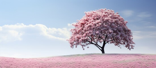 In the serene park, a solitary tree stood tall, adorned with delicate, pink flowers, against the backdrop of a clear sky. Isolated on a white background, it framed the beauty of nature in spring