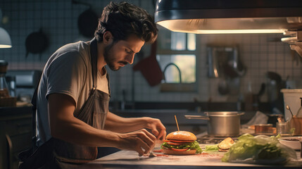 Chef in Apron Assembling Hamburger, Artistry in the Kitchen, Food Preparation Mastery, Gourmet Hamburger Creation, Chef's Precision in Action, Crafting Deliciousness.